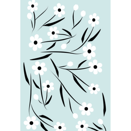 Blomsterhav, lys blå bakgrunn og hvite blomster